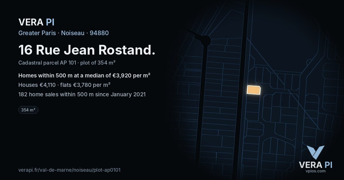 16 Rue Jean Rostand, Noiseau at night – the plot lit, the parcels around coloured by the prices near them