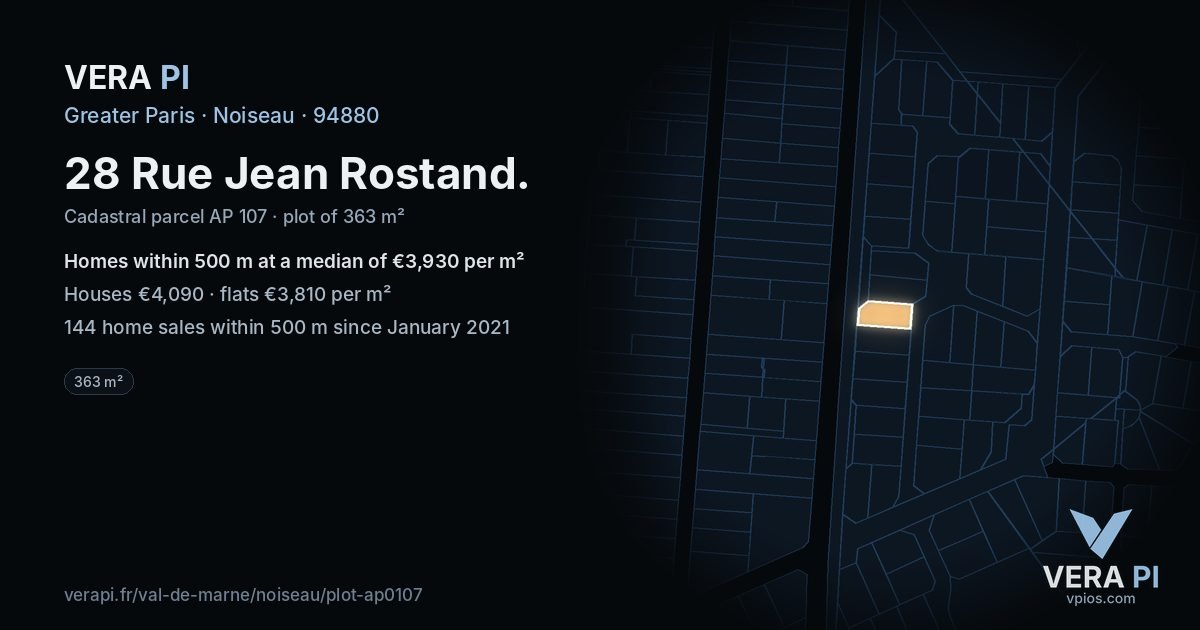 28 Rue Jean Rostand, Noiseau at night – the plot lit, the parcels around coloured by the prices near them