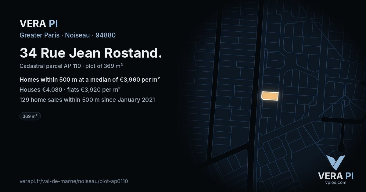 34 Rue Jean Rostand, Noiseau at night – the plot lit, the parcels around coloured by the prices near them
