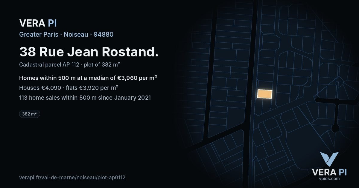 38 Rue Jean Rostand, Noiseau at night – the plot lit, the parcels around coloured by the prices near them