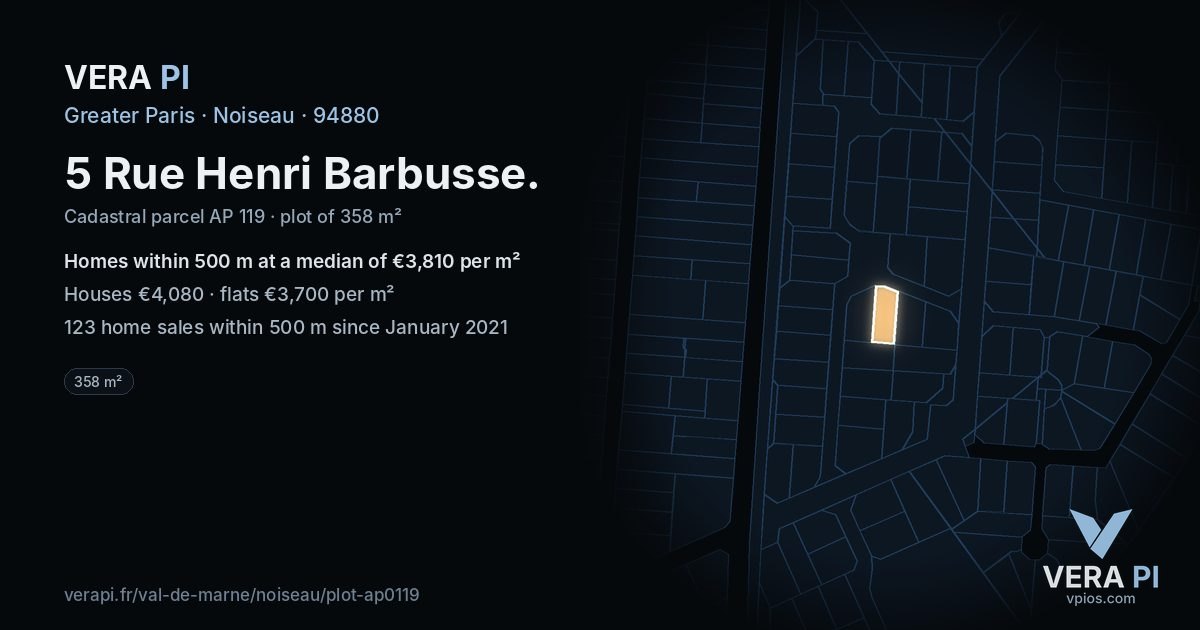 5 Rue Henri Barbusse, Noiseau at night – the plot lit, the parcels around coloured by the prices near them