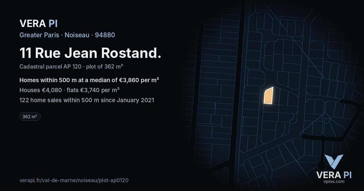 11 Rue Jean Rostand, Noiseau at night – the plot lit, the parcels around coloured by the prices near them