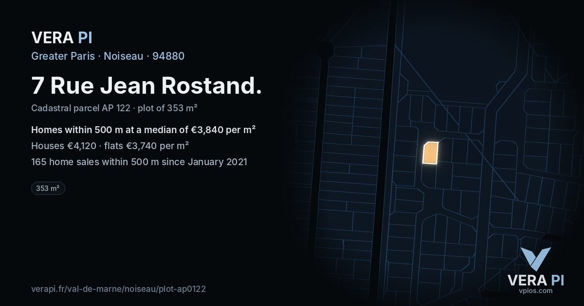 7 Rue Jean Rostand, Noiseau at night – the plot lit, the parcels around coloured by the prices near them