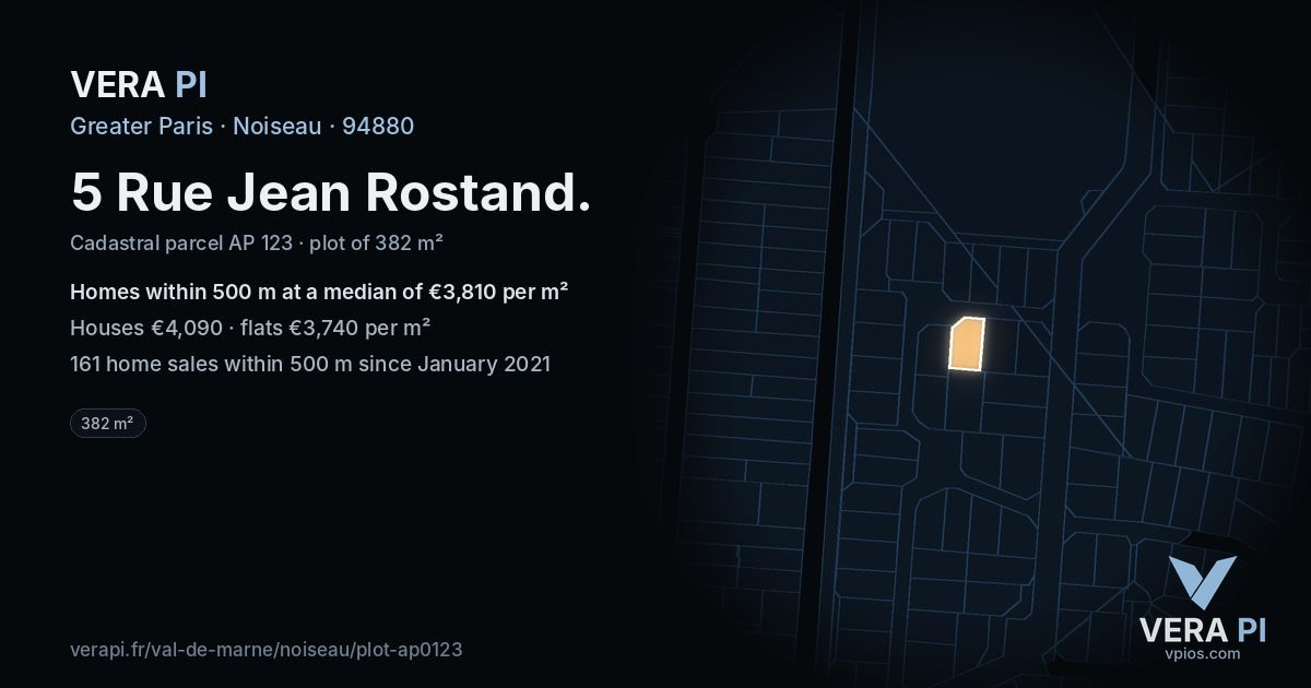 5 Rue Jean Rostand, Noiseau at night – the plot lit, the parcels around coloured by the prices near them
