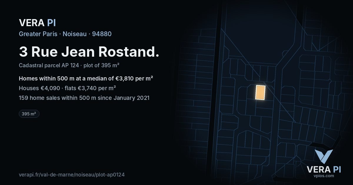 3 Rue Jean Rostand, Noiseau at night – the plot lit, the parcels around coloured by the prices near them