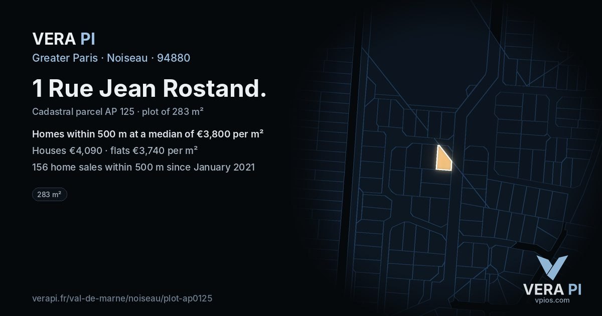1 Rue Jean Rostand, Noiseau at night – the plot lit, the parcels around coloured by the prices near them