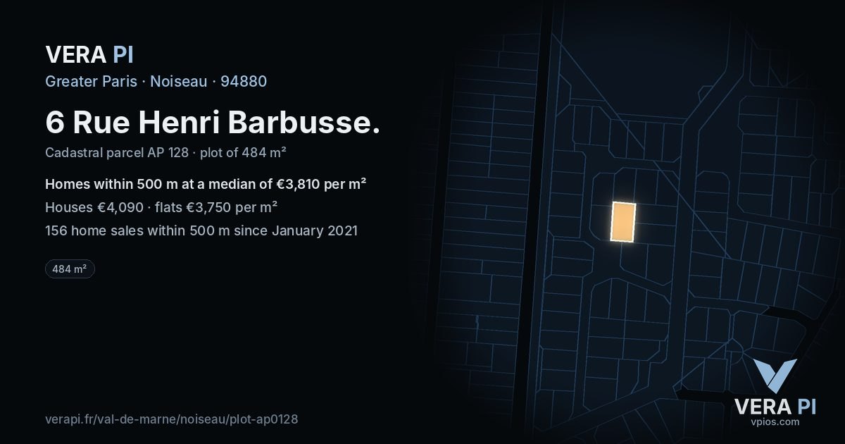 6 Rue Henri Barbusse, Noiseau at night – the plot lit, the parcels around coloured by the prices near them