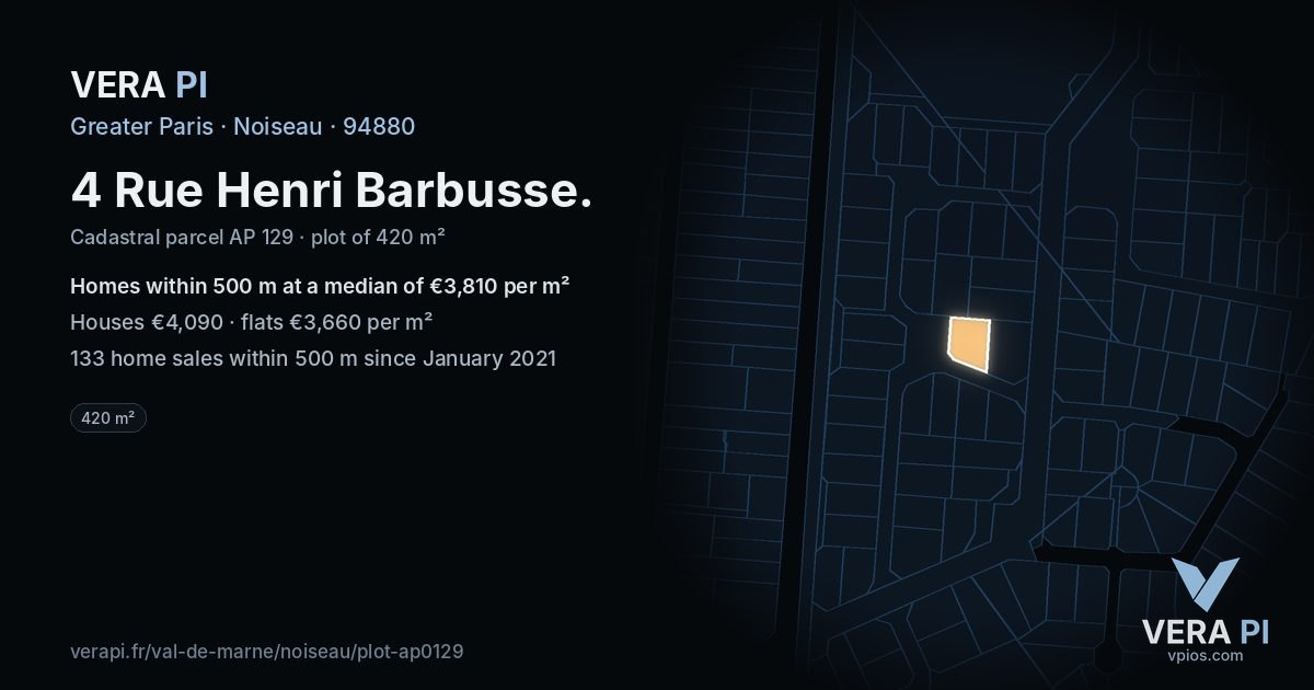 4 Rue Henri Barbusse, Noiseau at night – the plot lit, the parcels around coloured by the prices near them