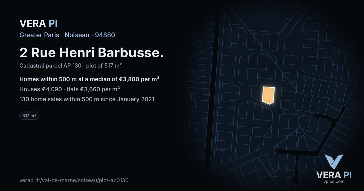 2 Rue Henri Barbusse, Noiseau at night – the plot lit, the parcels around coloured by the prices near them