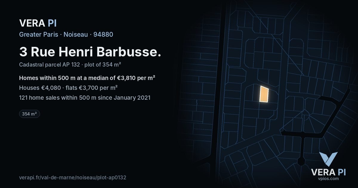 3 Rue Henri Barbusse, Noiseau at night – the plot lit, the parcels around coloured by the prices near them
