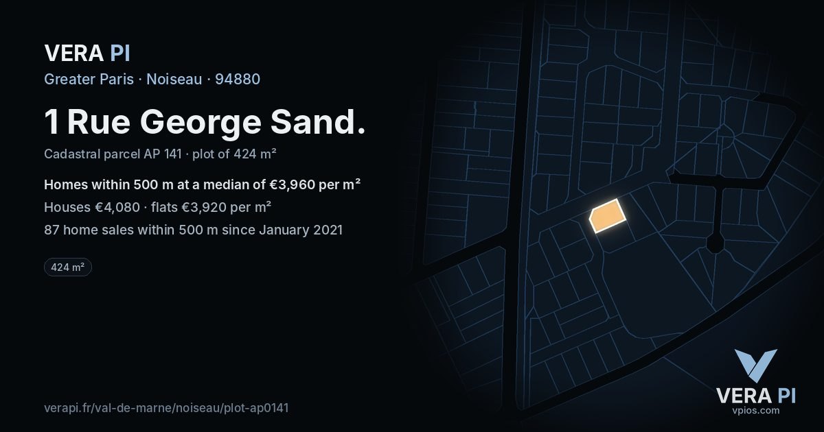 1 Rue George Sand, Noiseau at night – the plot lit, the parcels around coloured by the prices near them