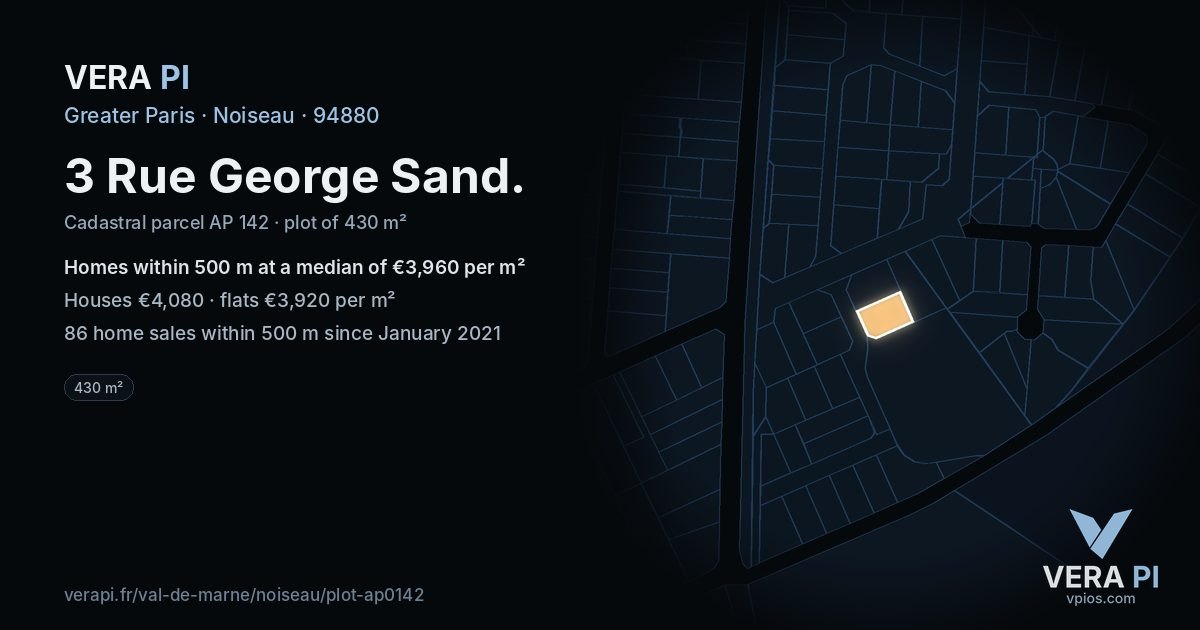 3 Rue George Sand, Noiseau at night – the plot lit, the parcels around coloured by the prices near them