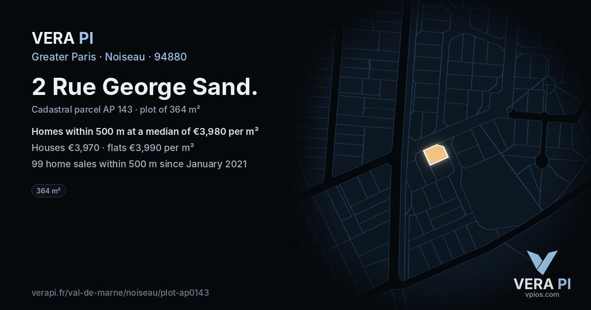 2 Rue George Sand, Noiseau at night – the plot lit, the parcels around coloured by the prices near them
