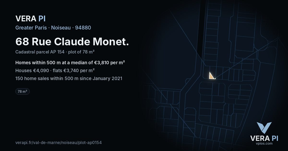 68 Rue Claude Monet, Noiseau at night – the plot lit, the parcels around coloured by the prices near them