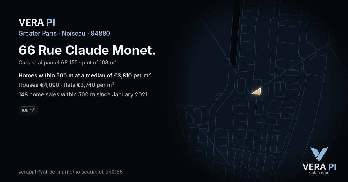 66 Rue Claude Monet, Noiseau at night – the plot lit, the parcels around coloured by the prices near them