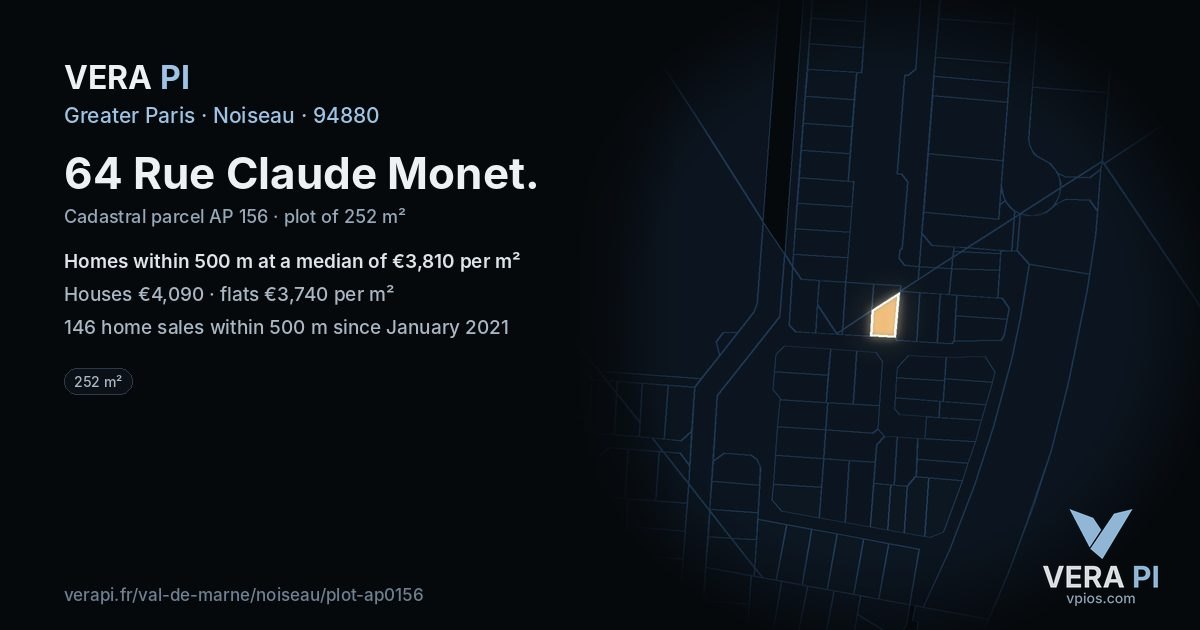 64 Rue Claude Monet, Noiseau at night – the plot lit, the parcels around coloured by the prices near them