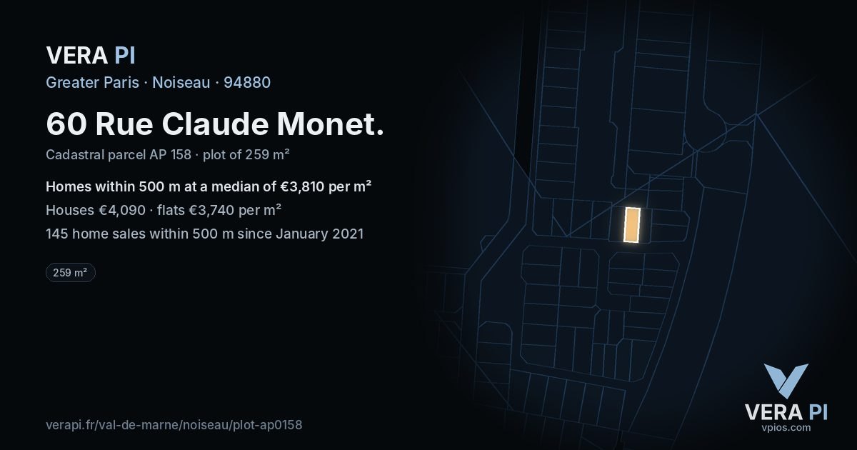 60 Rue Claude Monet, Noiseau at night – the plot lit, the parcels around coloured by the prices near them