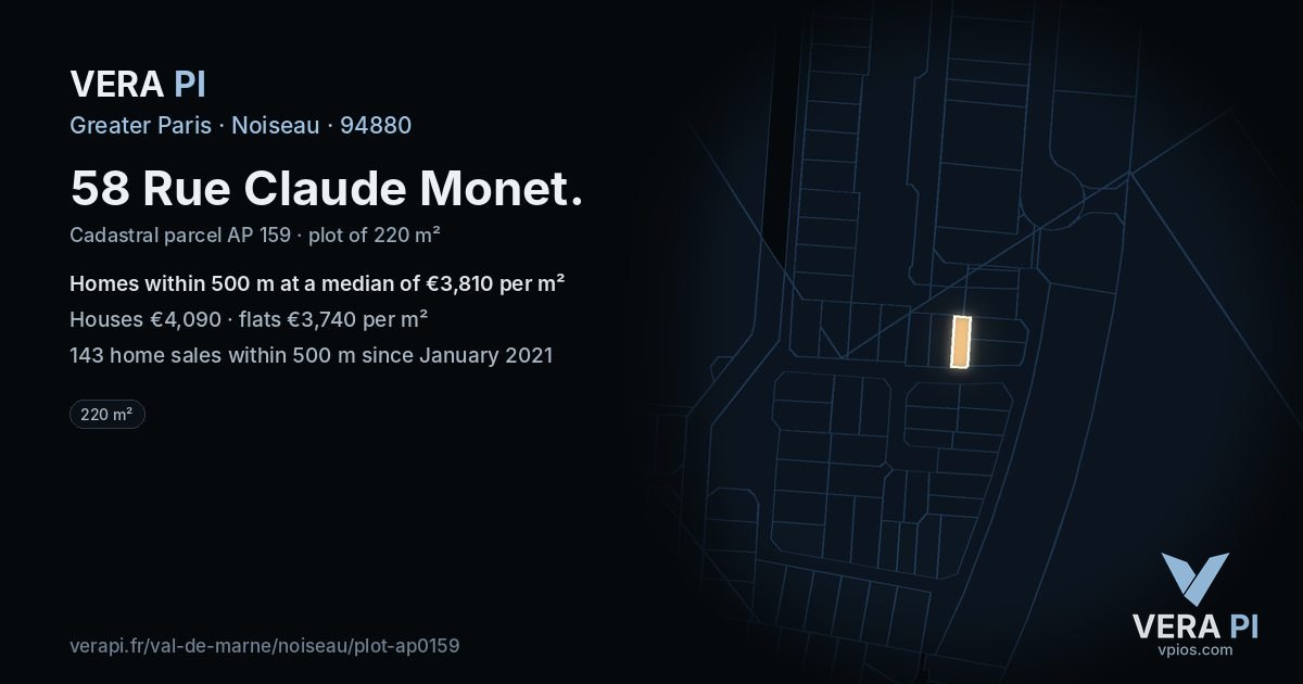 58 Rue Claude Monet, Noiseau at night – the plot lit, the parcels around coloured by the prices near them