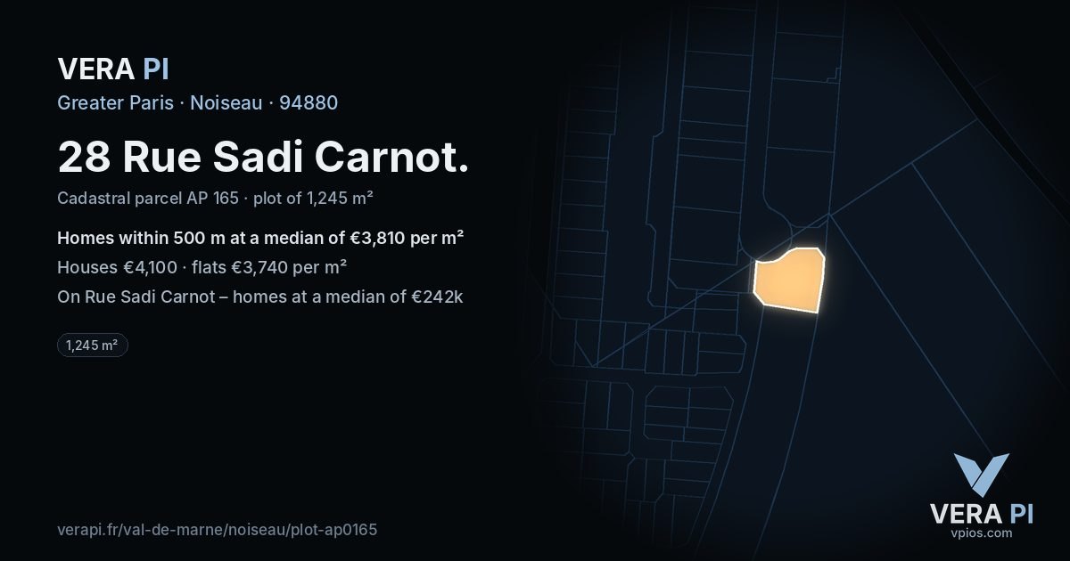 28 Rue Sadi Carnot, Noiseau at night – the plot lit, the parcels around coloured by the prices near them