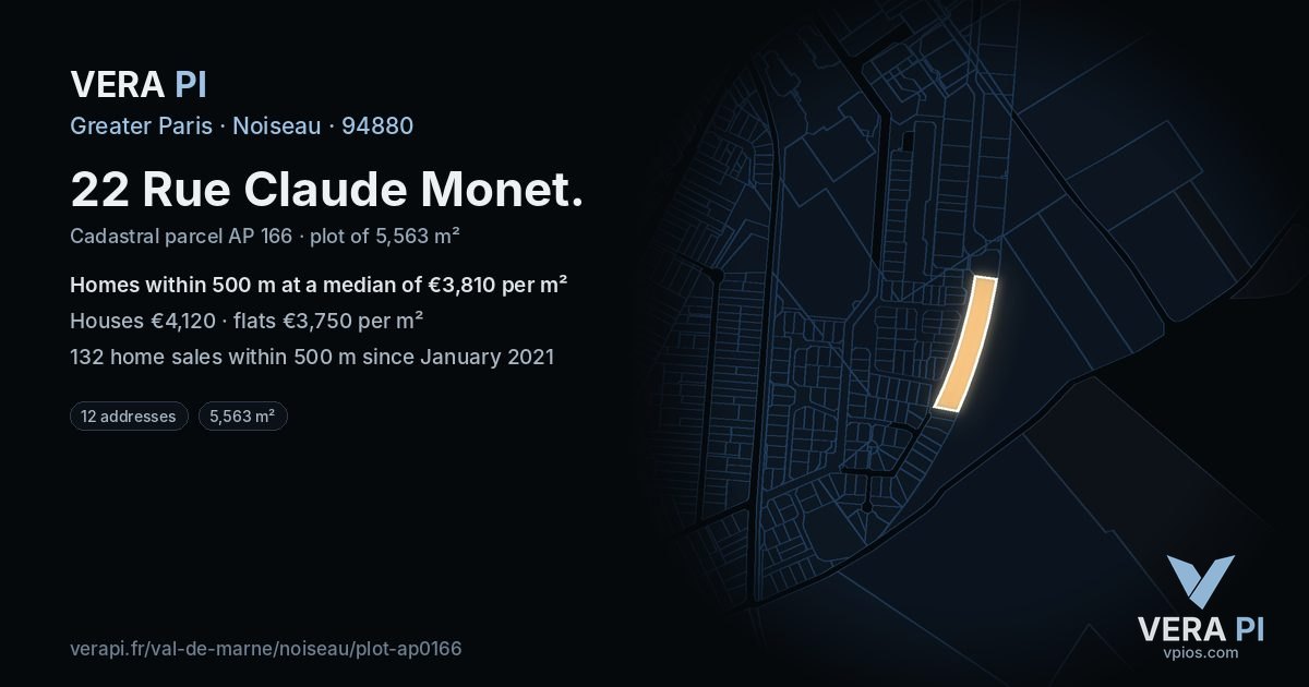 22 Rue Claude Monet, Noiseau at night – the plot lit, the parcels around coloured by the prices near them