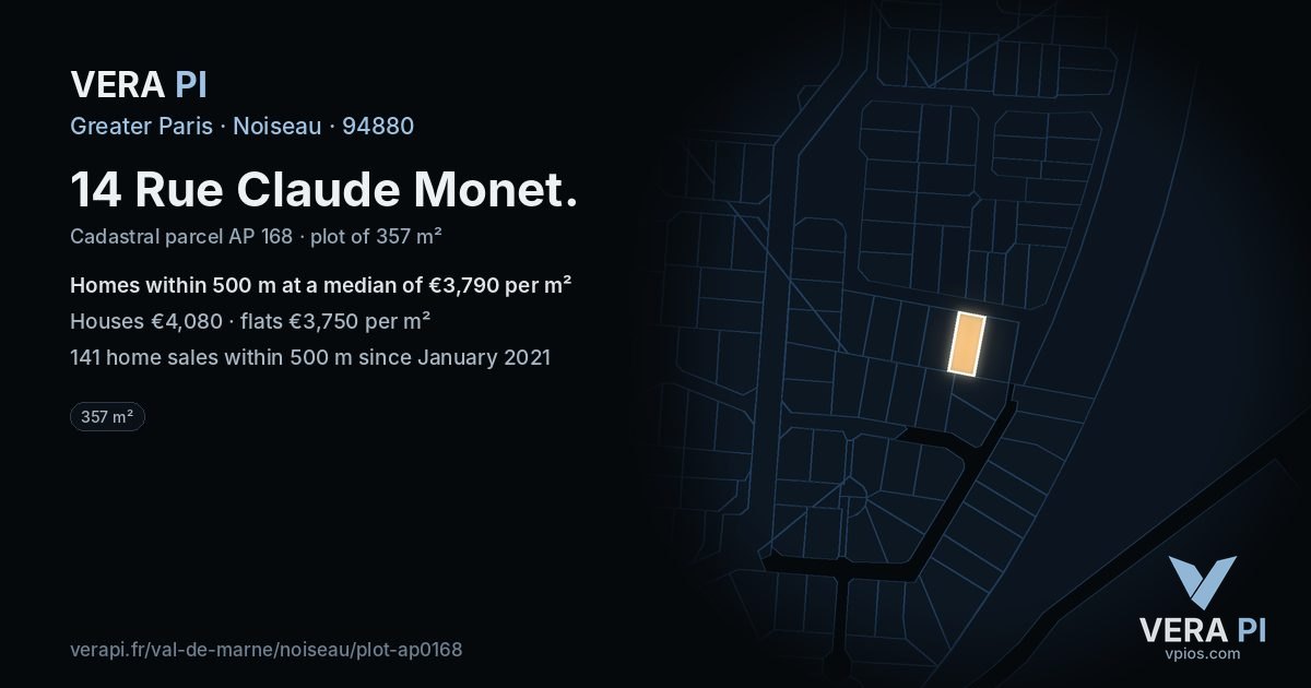14 Rue Claude Monet, Noiseau at night – the plot lit, the parcels around coloured by the prices near them