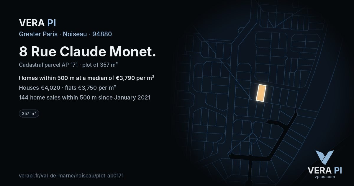 8 Rue Claude Monet, Noiseau at night – the plot lit, the parcels around coloured by the prices near them