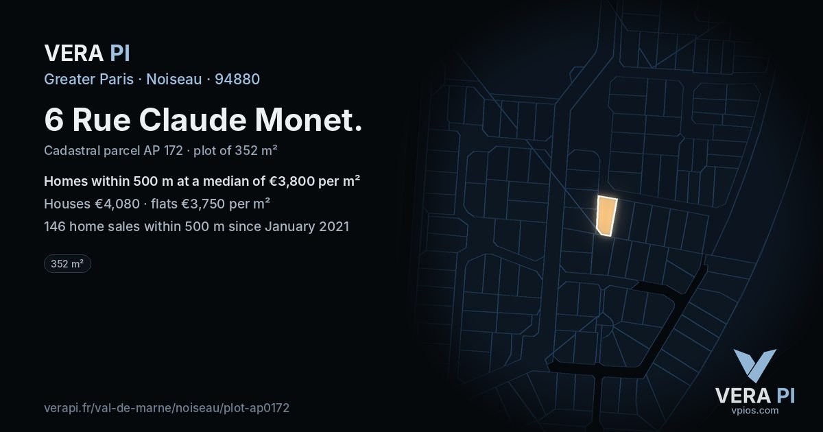 6 Rue Claude Monet, Noiseau at night – the plot lit, the parcels around coloured by the prices near them