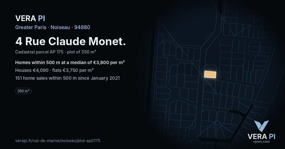 4 Rue Claude Monet, Noiseau at night – the plot lit, the parcels around coloured by the prices near them