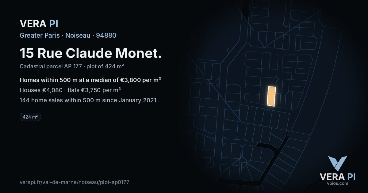 15 Rue Claude Monet, Noiseau at night – the plot lit, the parcels around coloured by the prices near them