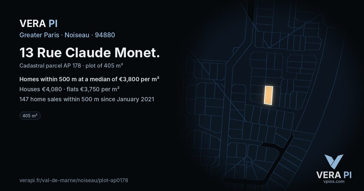 13 Rue Claude Monet, Noiseau at night – the plot lit, the parcels around coloured by the prices near them
