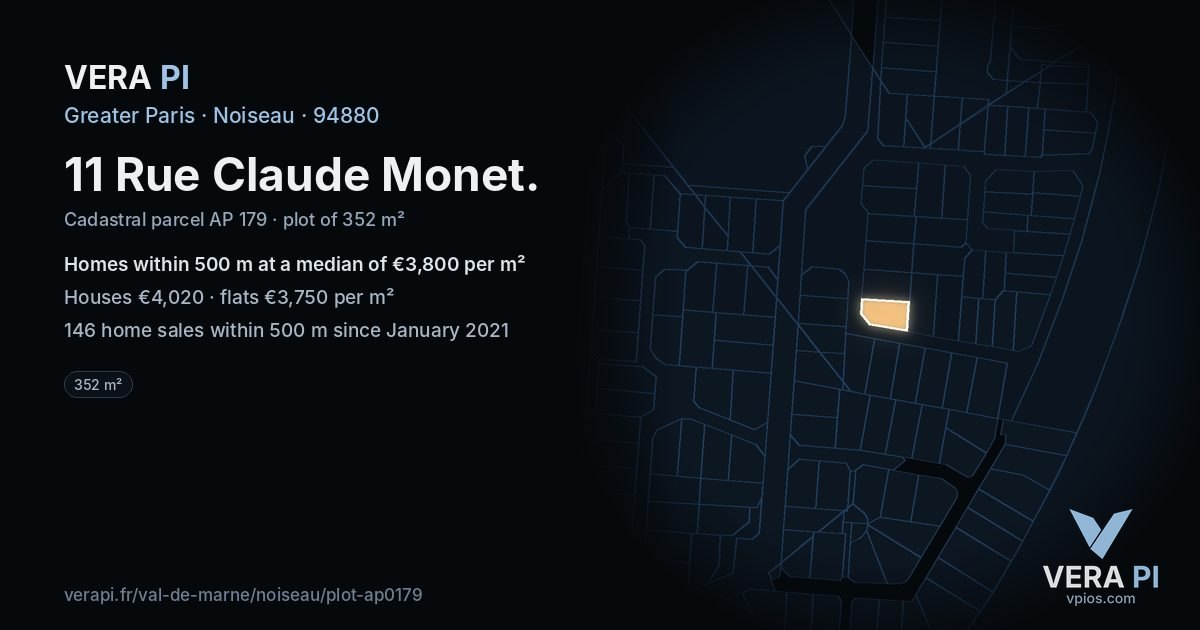 11 Rue Claude Monet, Noiseau at night – the plot lit, the parcels around coloured by the prices near them