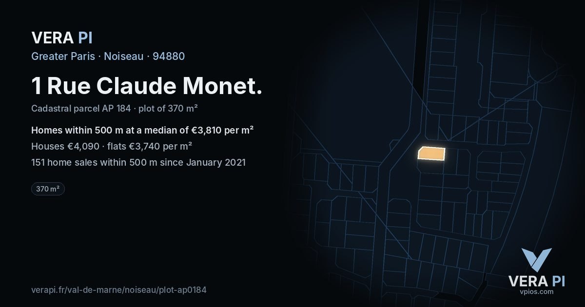 1 Rue Claude Monet, Noiseau at night – the plot lit, the parcels around coloured by the prices near them