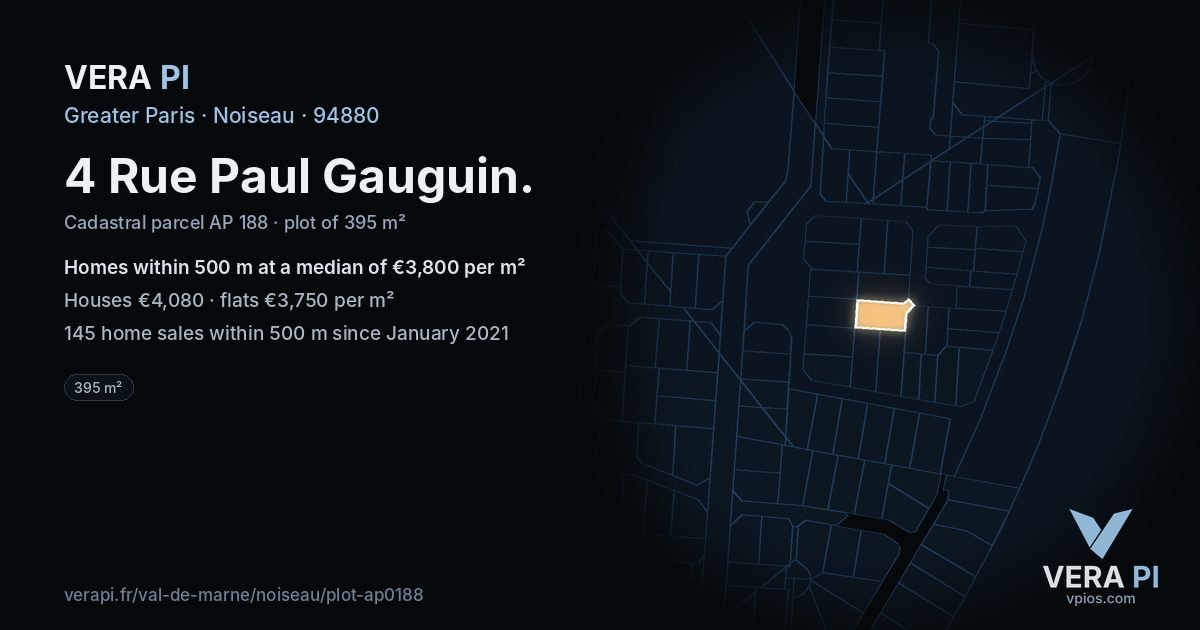 4 Rue Paul Gauguin, Noiseau at night – the plot lit, the parcels around coloured by the prices near them