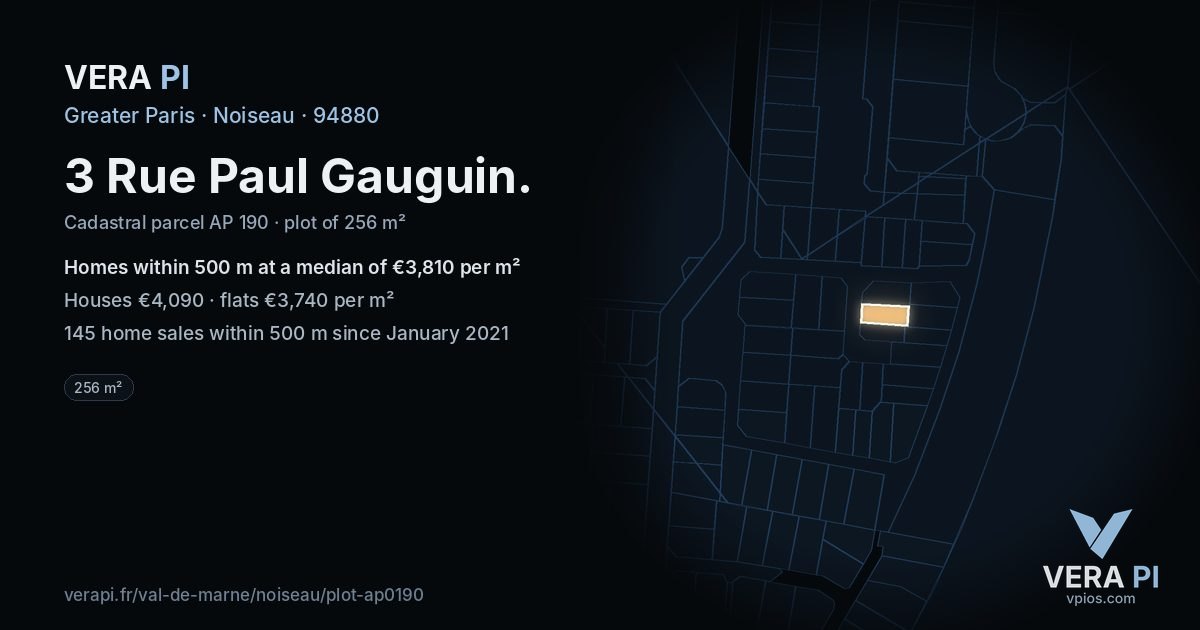 3 Rue Paul Gauguin, Noiseau at night – the plot lit, the parcels around coloured by the prices near them