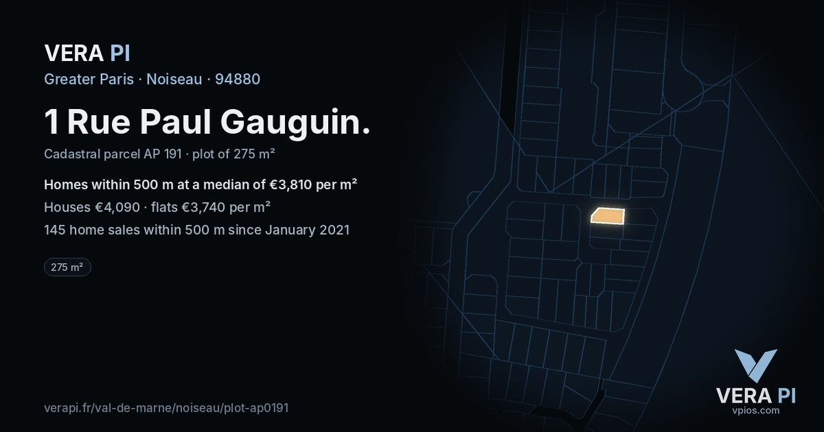 1 Rue Paul Gauguin, Noiseau at night – the plot lit, the parcels around coloured by the prices near them
