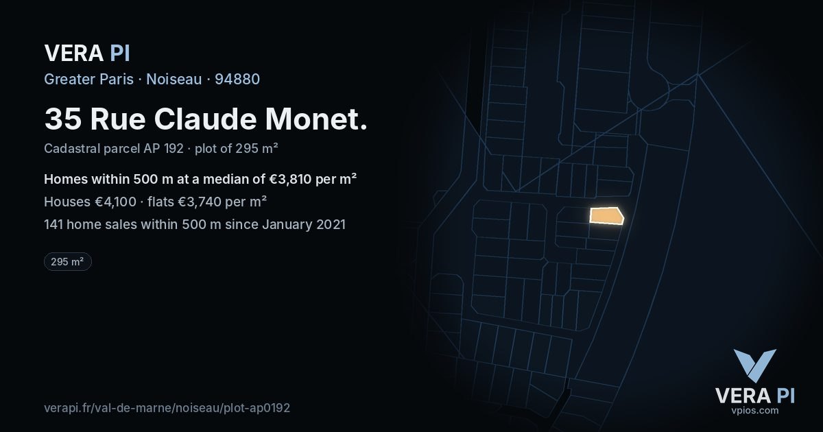 35 Rue Claude Monet, Noiseau at night – the plot lit, the parcels around coloured by the prices near them