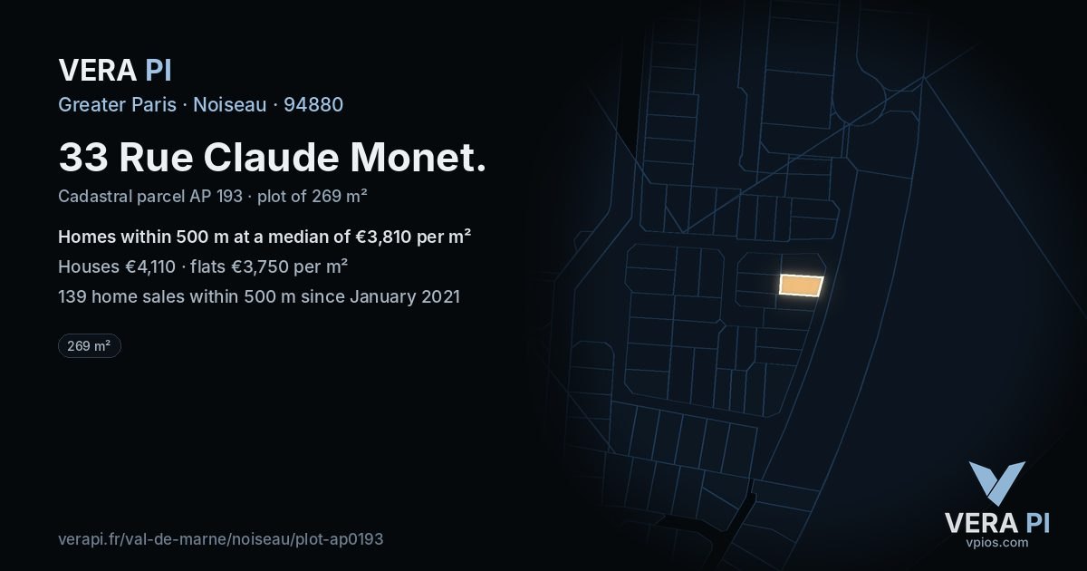 33 Rue Claude Monet, Noiseau at night – the plot lit, the parcels around coloured by the prices near them