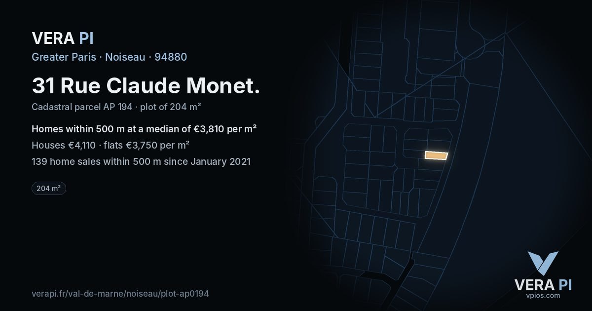 31 Rue Claude Monet, Noiseau at night – the plot lit, the parcels around coloured by the prices near them