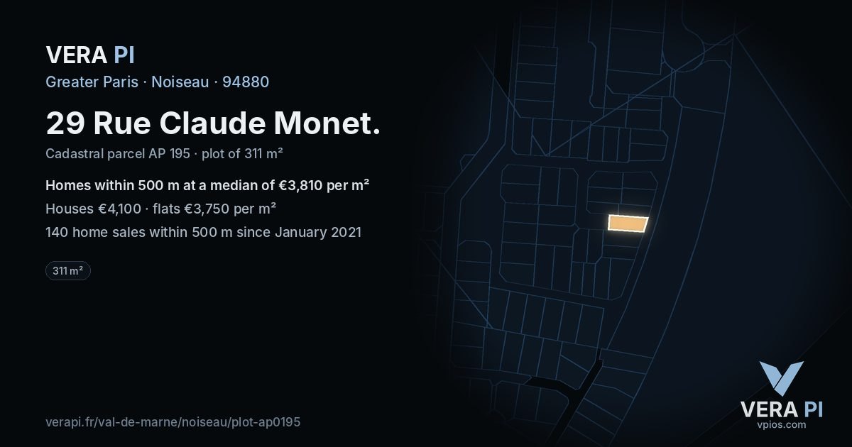 29 Rue Claude Monet, Noiseau at night – the plot lit, the parcels around coloured by the prices near them