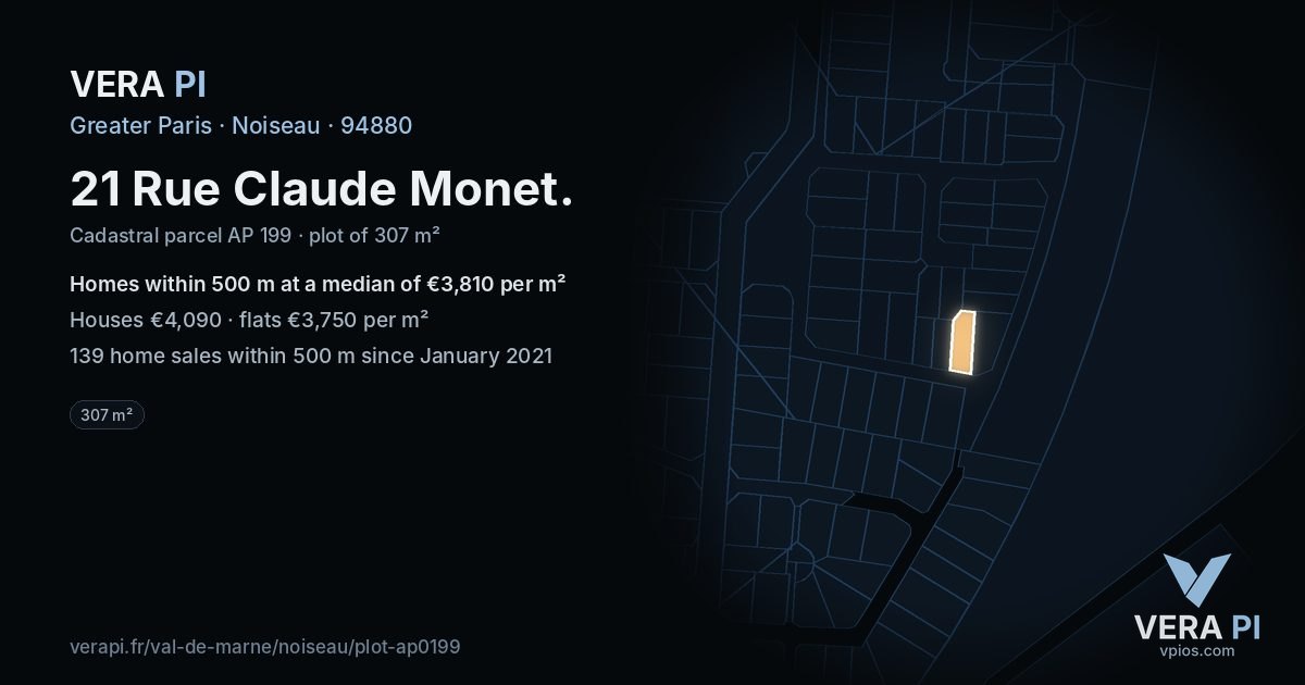 21 Rue Claude Monet, Noiseau at night – the plot lit, the parcels around coloured by the prices near them
