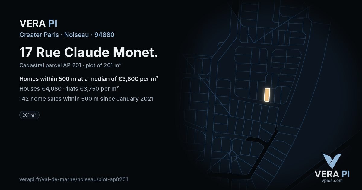 17 Rue Claude Monet, Noiseau at night – the plot lit, the parcels around coloured by the prices near them