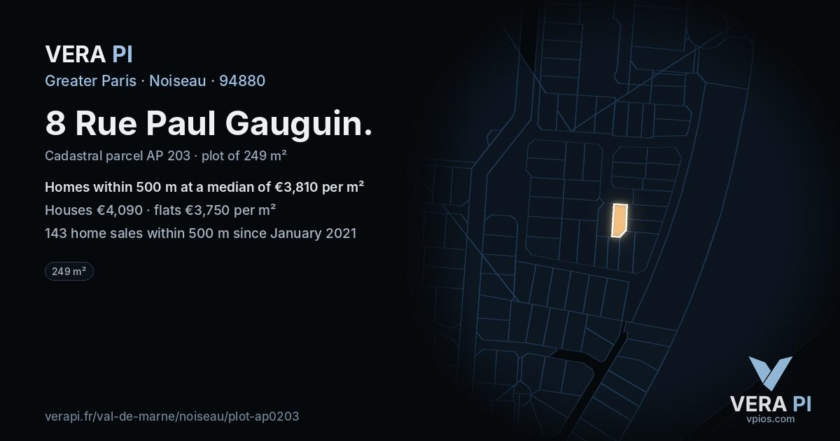8 Rue Paul Gauguin, Noiseau at night – the plot lit, the parcels around coloured by the prices near them