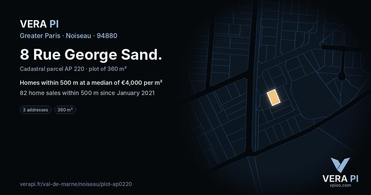 8 Rue George Sand, Noiseau at night – the plot lit, the parcels around coloured by the prices near them