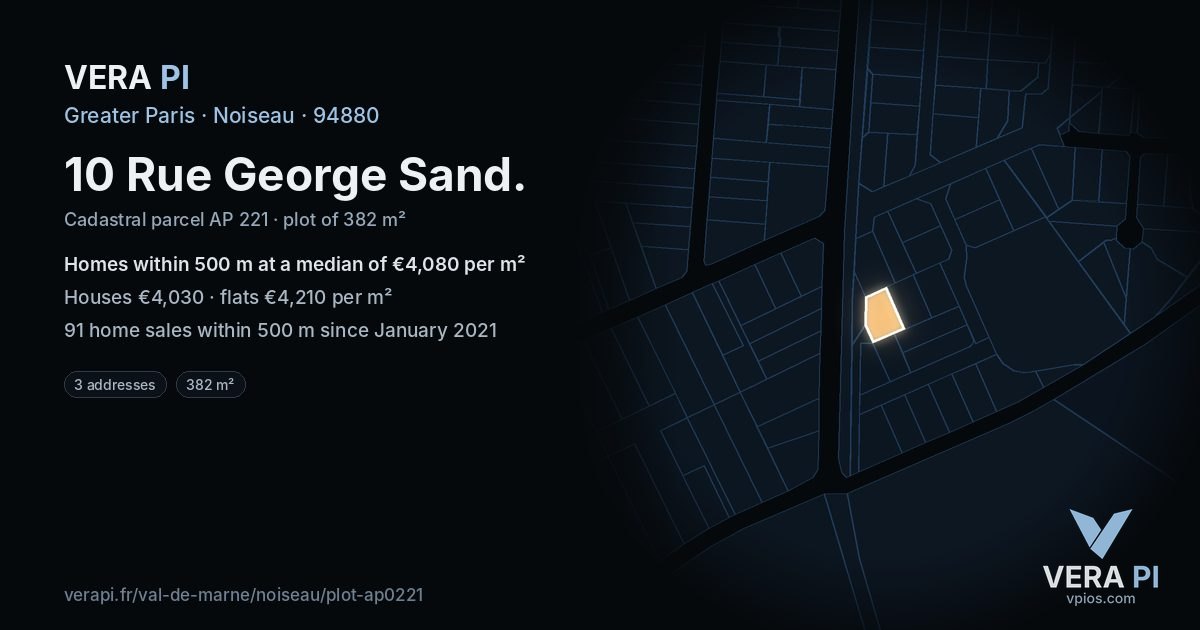 10 Rue George Sand, Noiseau at night – the plot lit, the parcels around coloured by the prices near them