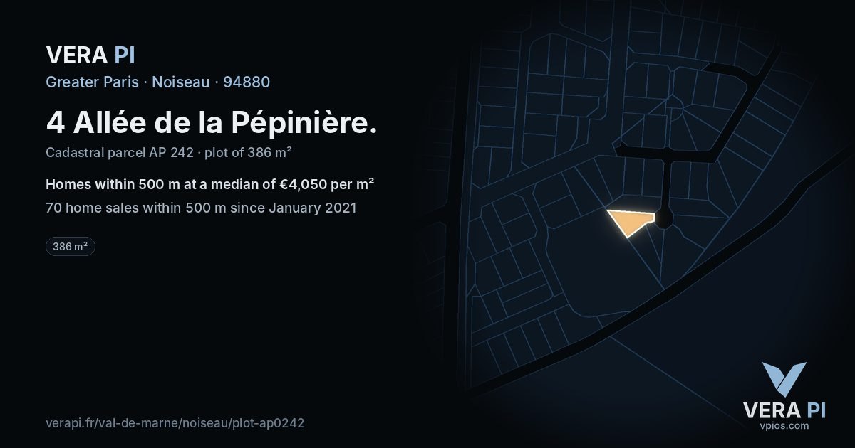 4 Allée de la Pépinière, Noiseau at night – the plot lit, the parcels around coloured by the prices near them