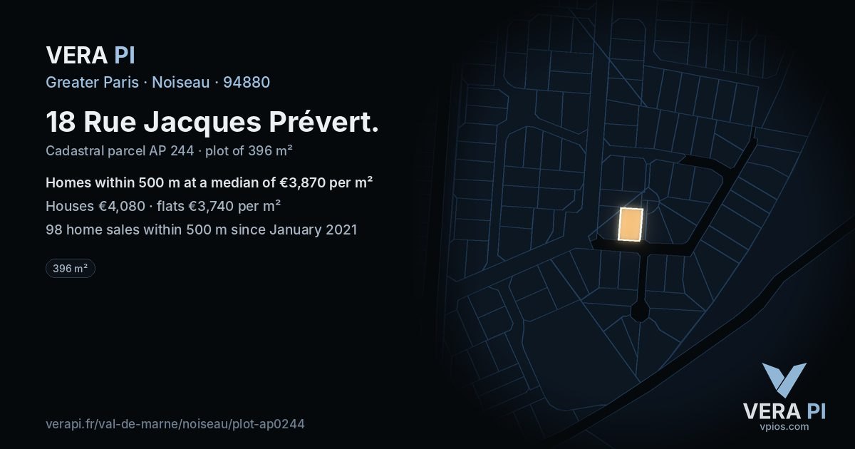 18 Rue Jacques Prévert, Noiseau at night – the plot lit, the parcels around coloured by the prices near them