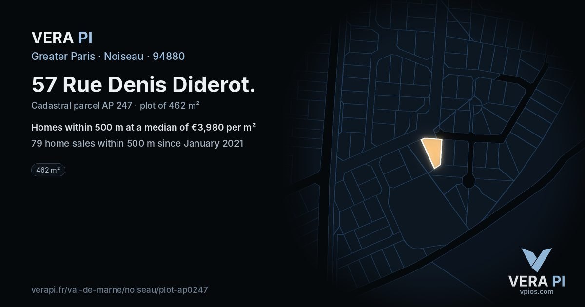 57 Rue Denis Diderot, Noiseau at night – the plot lit, the parcels around coloured by the prices near them