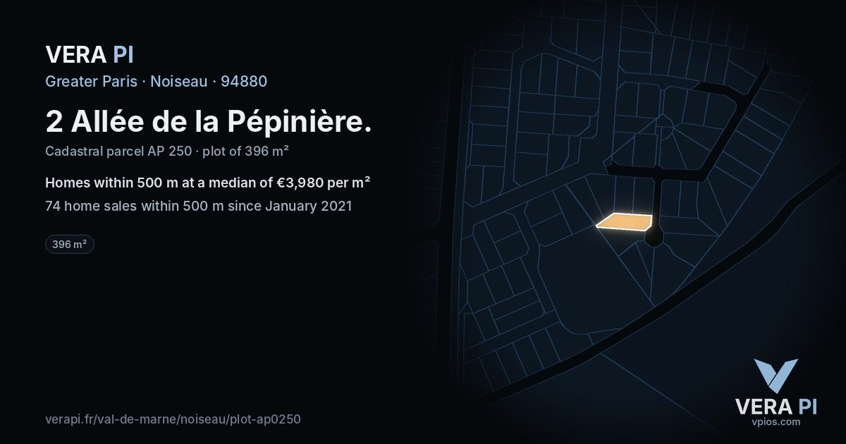 2 Allée de la Pépinière, Noiseau at night – the plot lit, the parcels around coloured by the prices near them