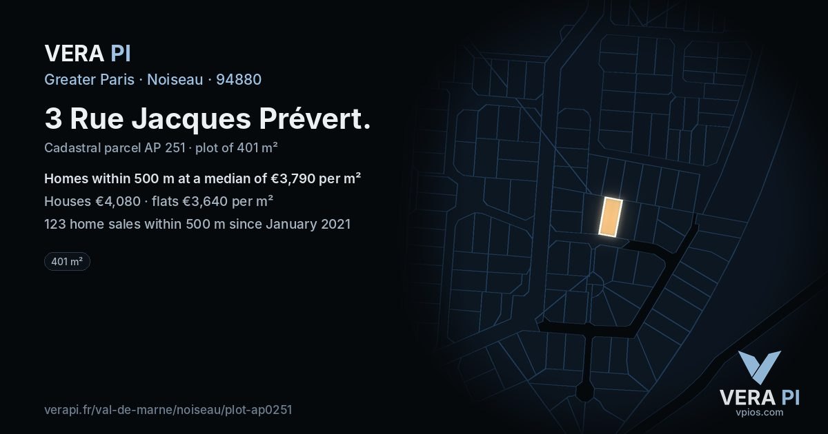 3 Rue Jacques Prévert, Noiseau at night – the plot lit, the parcels around coloured by the prices near them