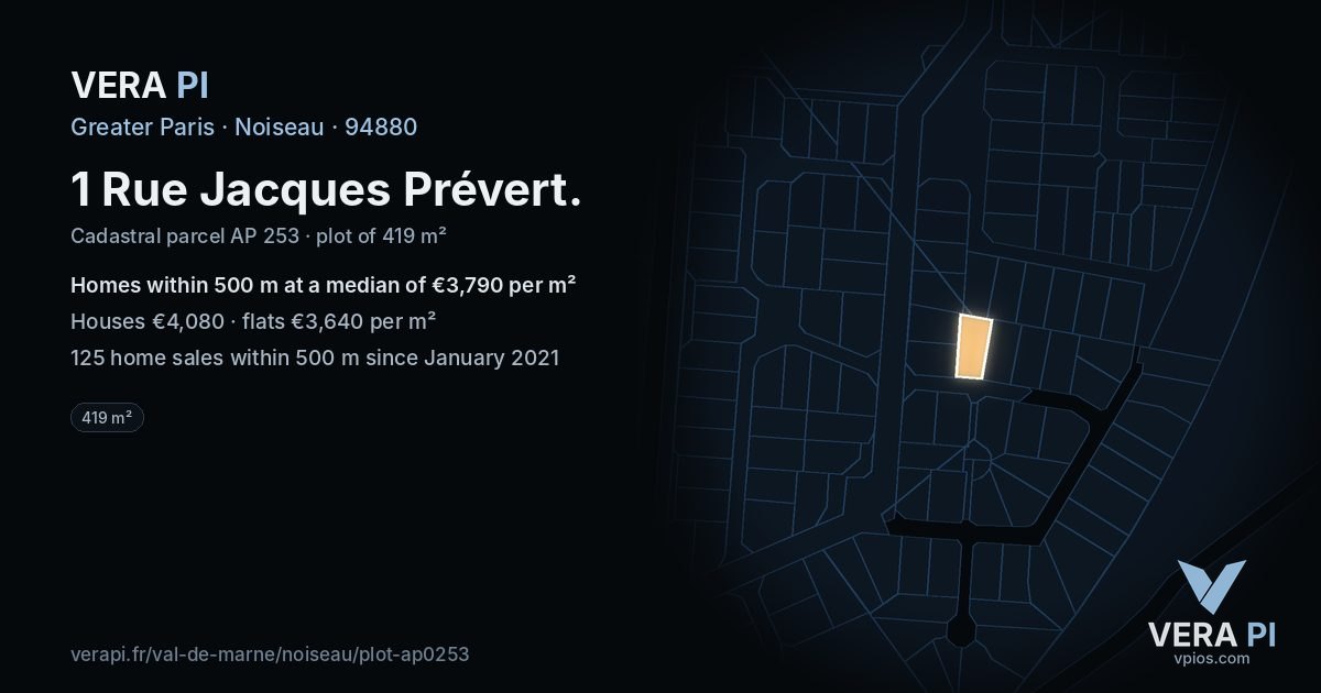 1 Rue Jacques Prévert, Noiseau at night – the plot lit, the parcels around coloured by the prices near them